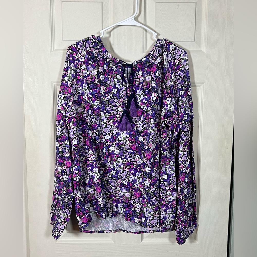 Purple Ditsy Floral Boho Blouse Tassel Tie Neck Flowy Top - Picture 3 of 9